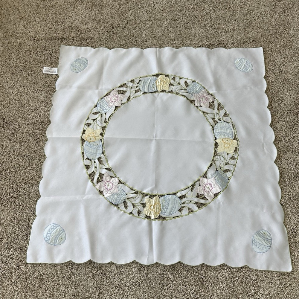 Domestications Easter Cutwork Embroidered Pastel Tablecloth Square Satin 34"